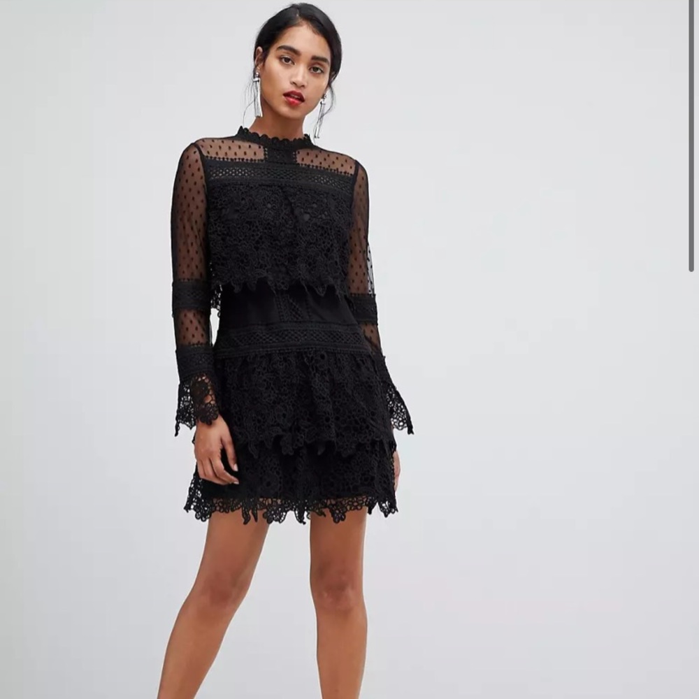 ASOS Chi Chi London lace skater dress with sheer sleeves in black